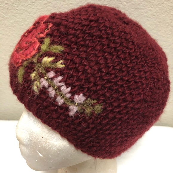 FRENCH KNOT WOOL Josephine Cloche Burgundy Floral Knit Beanie.Hand Embroidered - Picture 3 of 11